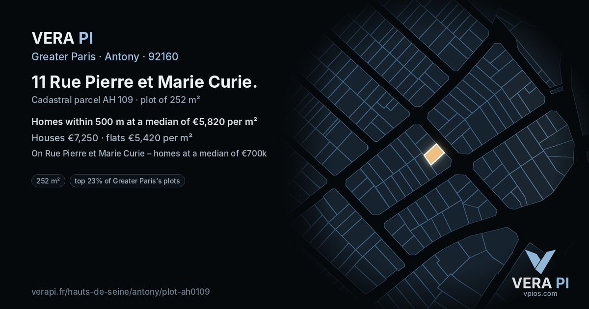 11 Rue Pierre et Marie Curie, Antony at night – the plot lit, the parcels around coloured by the prices near them
