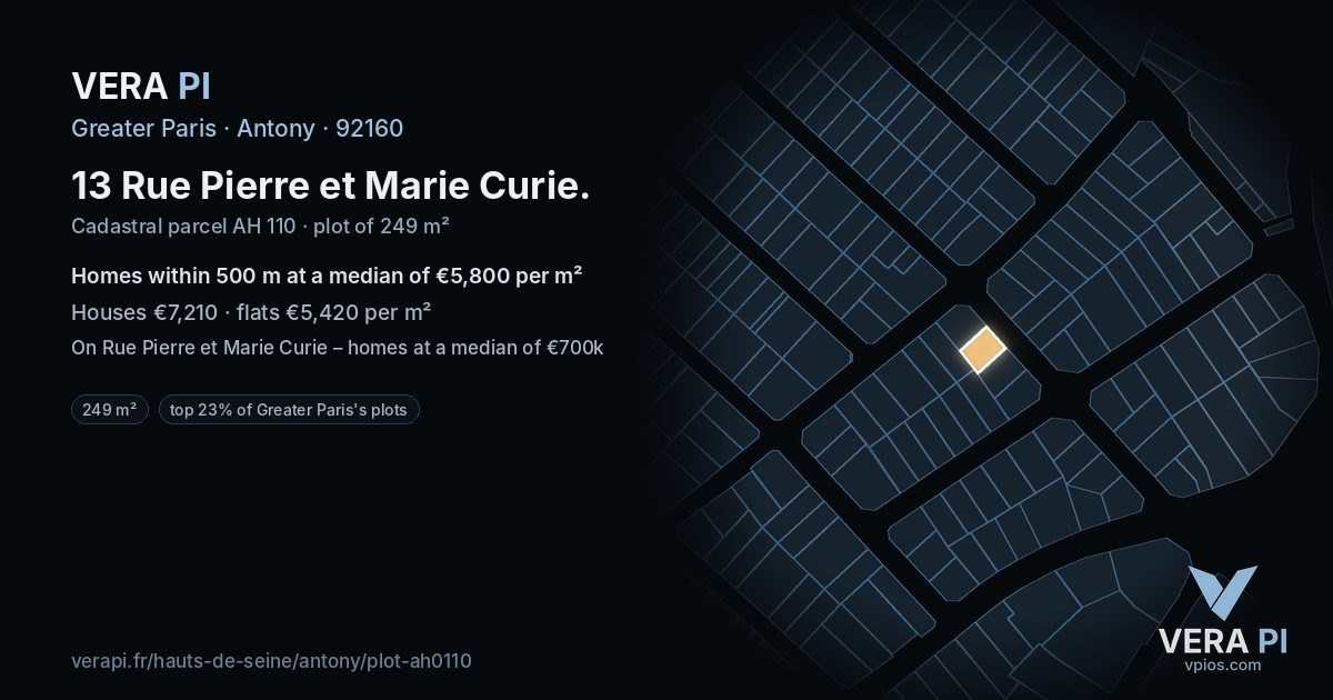 13 Rue Pierre et Marie Curie, Antony at night – the plot lit, the parcels around coloured by the prices near them