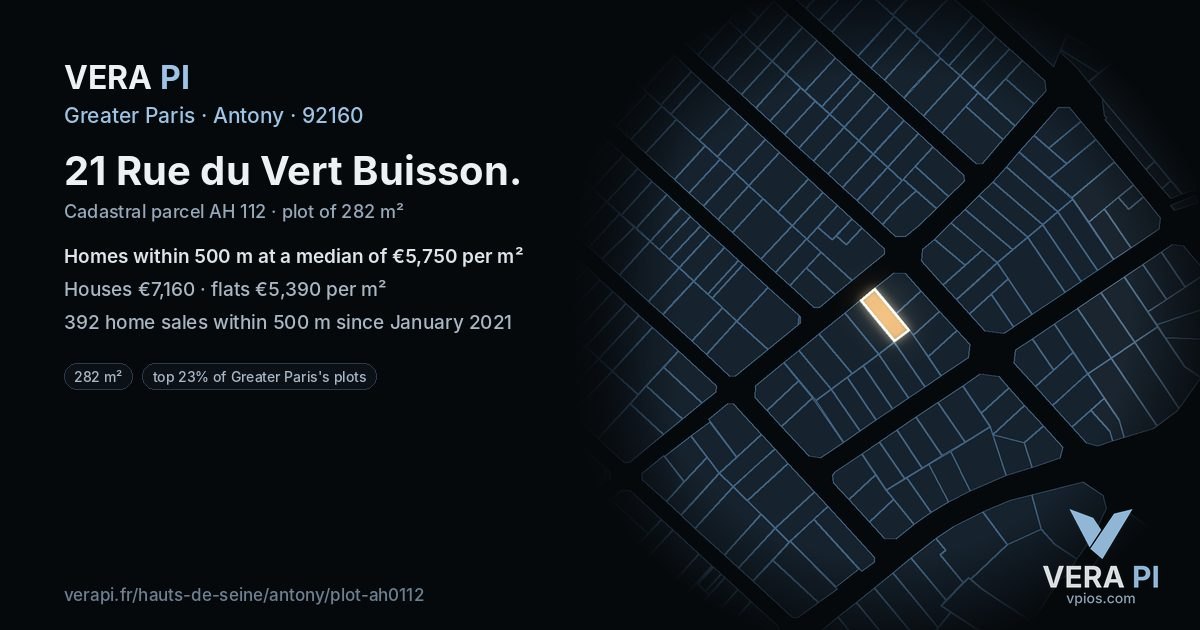 21 Rue du Vert Buisson, Antony at night – the plot lit, the parcels around coloured by the prices near them