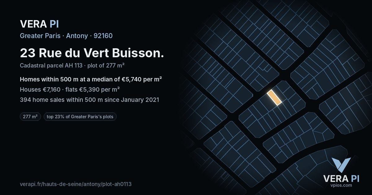 23 Rue du Vert Buisson, Antony at night – the plot lit, the parcels around coloured by the prices near them