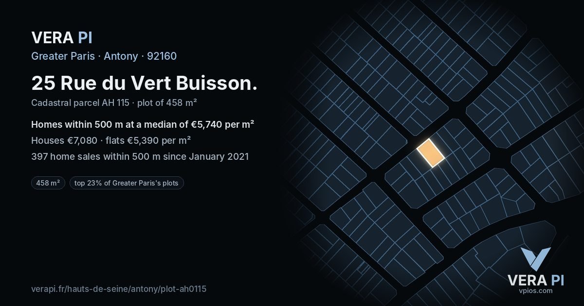 25 Rue du Vert Buisson, Antony at night – the plot lit, the parcels around coloured by the prices near them