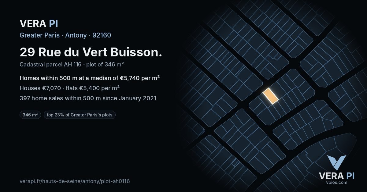 29 Rue du Vert Buisson, Antony at night – the plot lit, the parcels around coloured by the prices near them