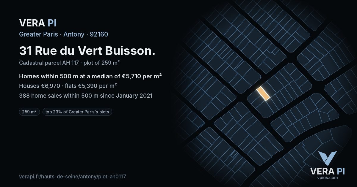 31 Rue du Vert Buisson, Antony at night – the plot lit, the parcels around coloured by the prices near them