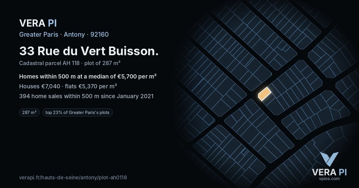 33 Rue du Vert Buisson, Antony at night – the plot lit, the parcels around coloured by the prices near them