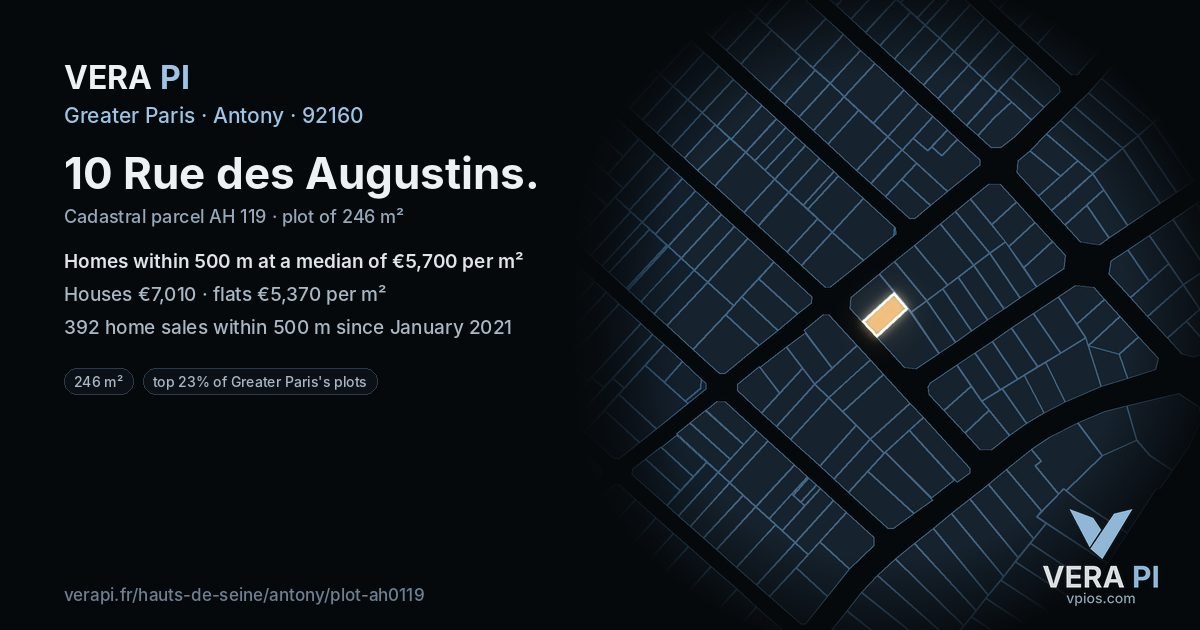 10 Rue des Augustins, Antony at night – the plot lit, the parcels around coloured by the prices near them