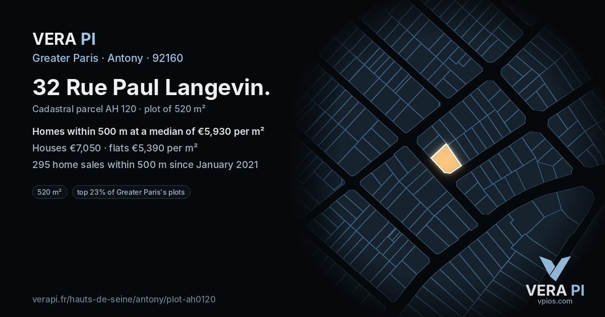 32 Rue Paul Langevin, Antony at night – the plot lit, the parcels around coloured by the prices near them