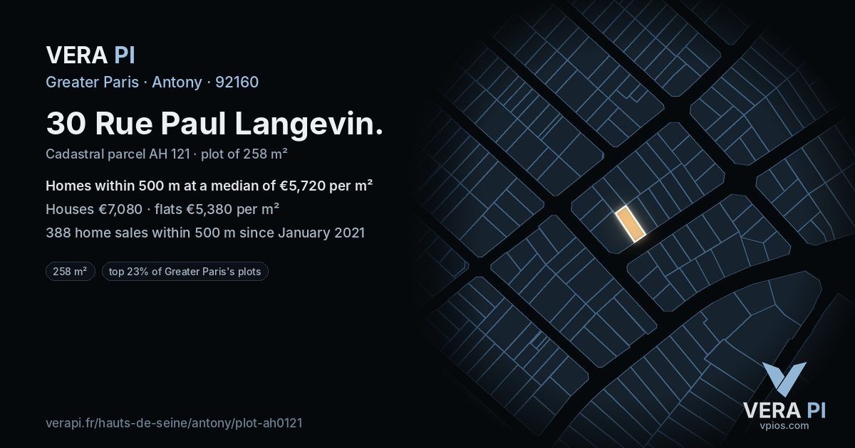 30 Rue Paul Langevin, Antony at night – the plot lit, the parcels around coloured by the prices near them