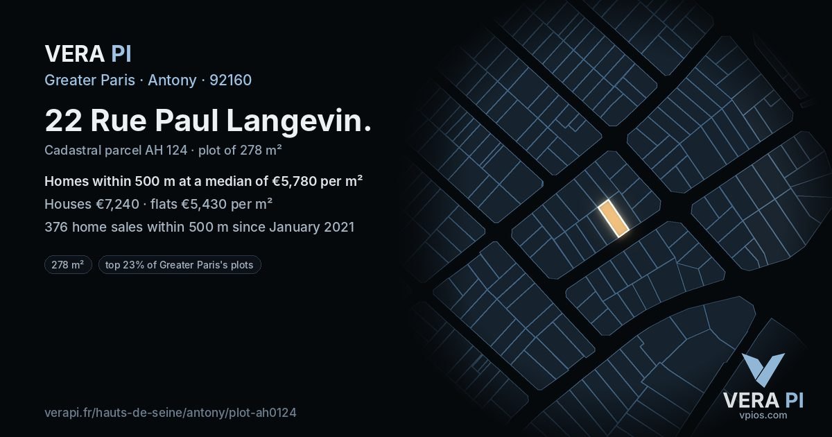 22 Rue Paul Langevin, Antony at night – the plot lit, the parcels around coloured by the prices near them