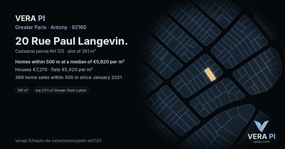 20 Rue Paul Langevin, Antony at night – the plot lit, the parcels around coloured by the prices near them
