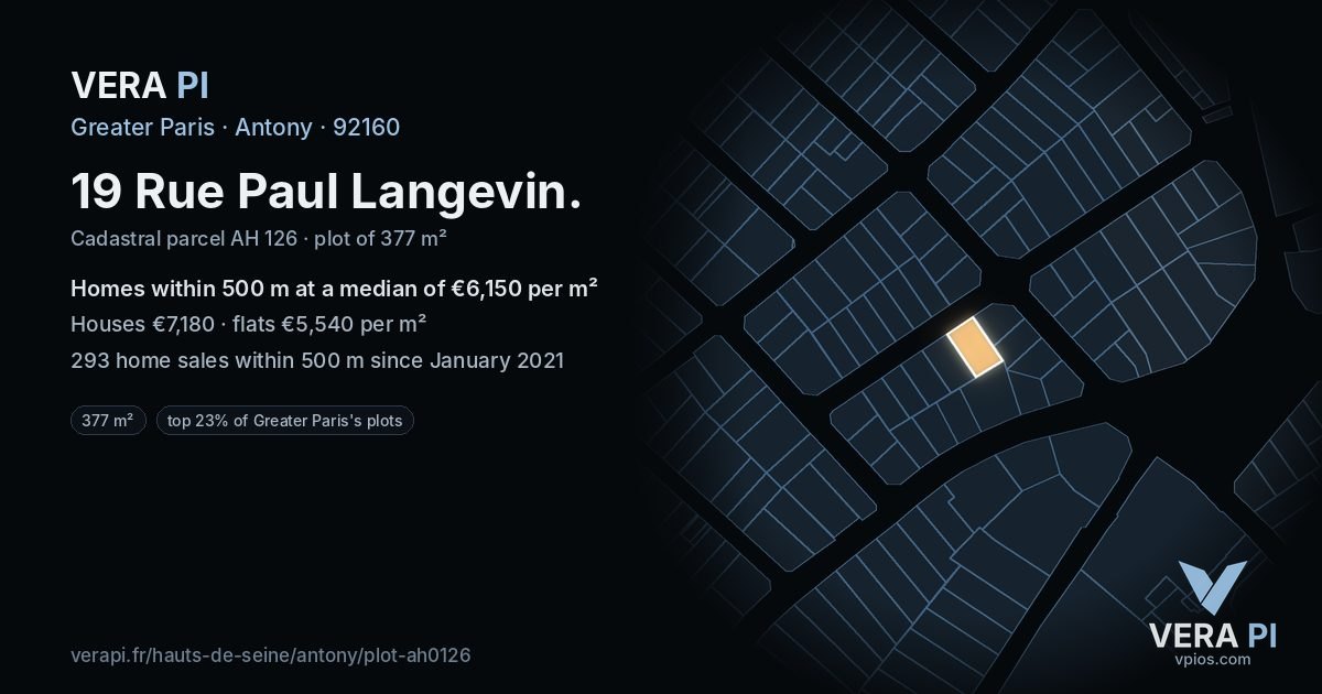 19 Rue Paul Langevin, Antony at night – the plot lit, the parcels around coloured by the prices near them