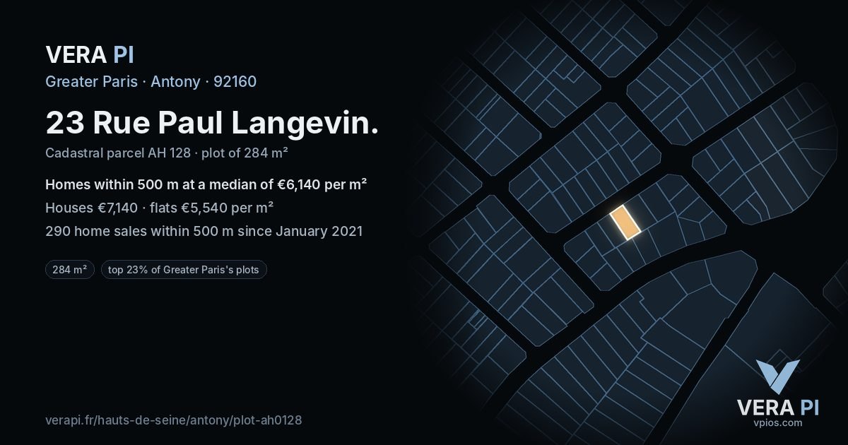 23 Rue Paul Langevin, Antony at night – the plot lit, the parcels around coloured by the prices near them