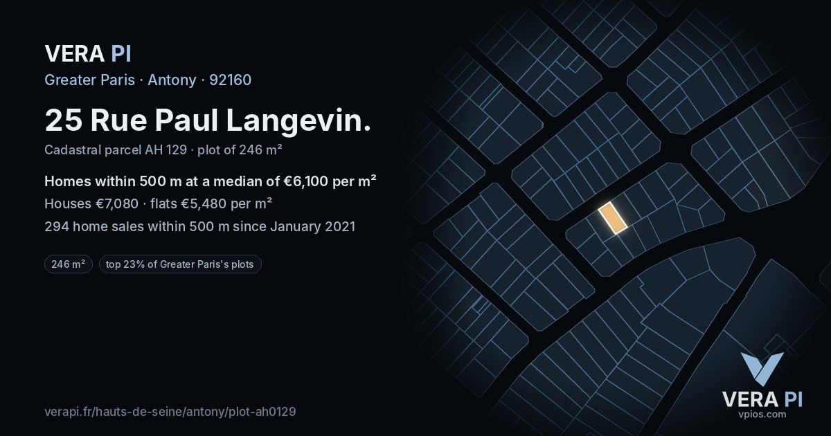 25 Rue Paul Langevin, Antony at night – the plot lit, the parcels around coloured by the prices near them
