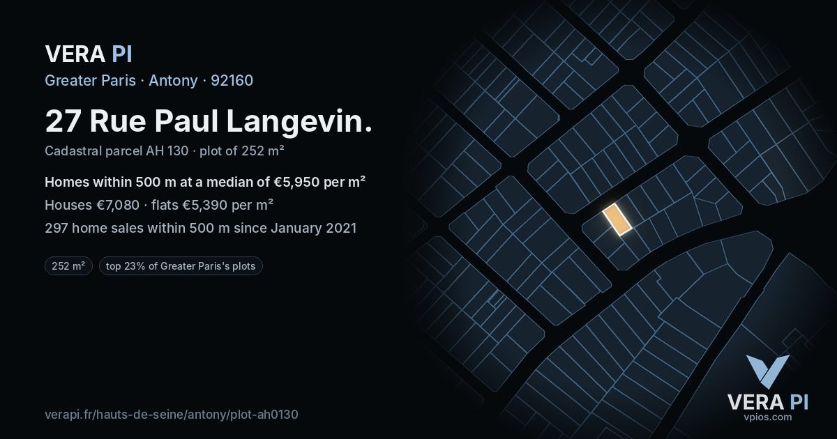 27 Rue Paul Langevin, Antony at night – the plot lit, the parcels around coloured by the prices near them