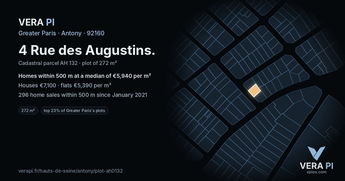 4 Rue des Augustins, Antony at night – the plot lit, the parcels around coloured by the prices near them