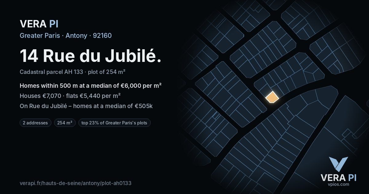 14 Rue du Jubilé, Antony at night – the plot lit, the parcels around coloured by the prices near them