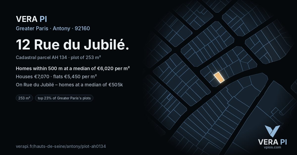 12 Rue du Jubilé, Antony at night – the plot lit, the parcels around coloured by the prices near them