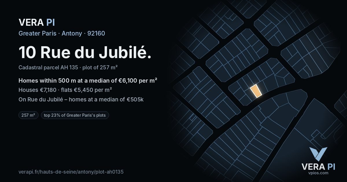 10 Rue du Jubilé, Antony at night – the plot lit, the parcels around coloured by the prices near them