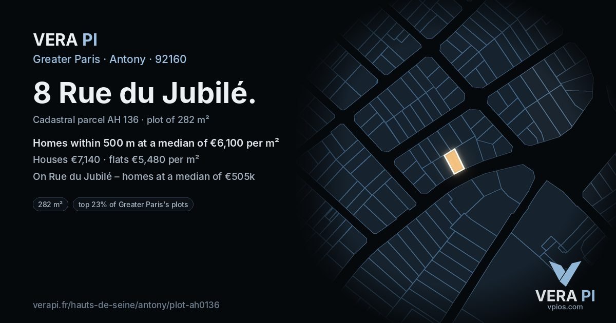8 Rue du Jubilé, Antony at night – the plot lit, the parcels around coloured by the prices near them