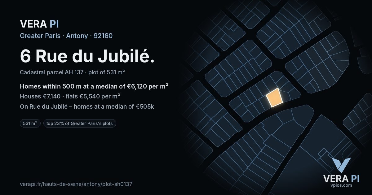 6 Rue du Jubilé, Antony at night – the plot lit, the parcels around coloured by the prices near them