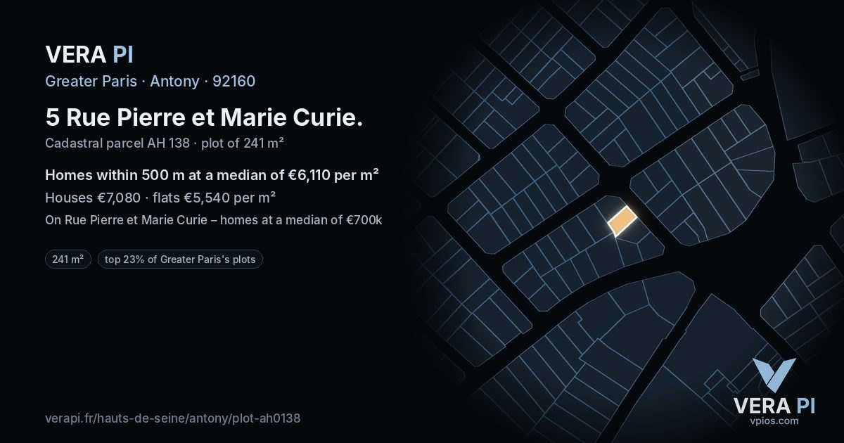 5 Rue Pierre et Marie Curie, Antony at night – the plot lit, the parcels around coloured by the prices near them