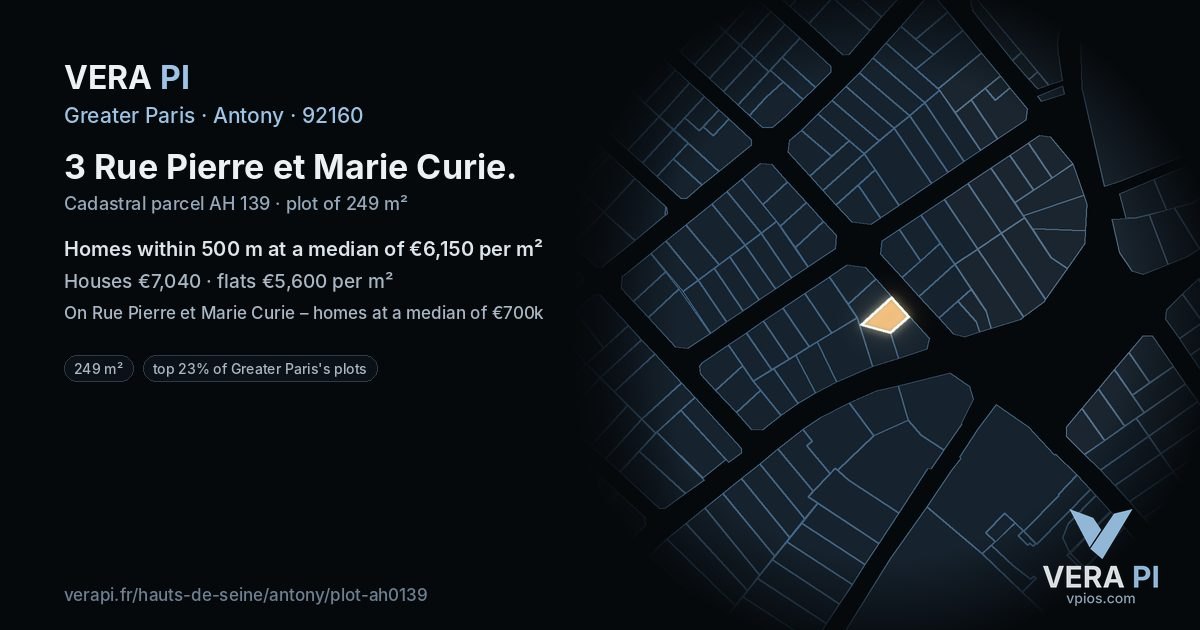 3 Rue Pierre et Marie Curie, Antony at night – the plot lit, the parcels around coloured by the prices near them