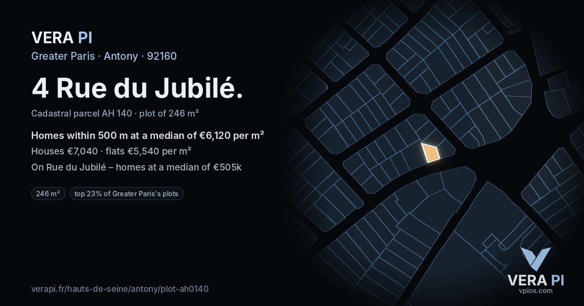 4 Rue du Jubilé, Antony at night – the plot lit, the parcels around coloured by the prices near them