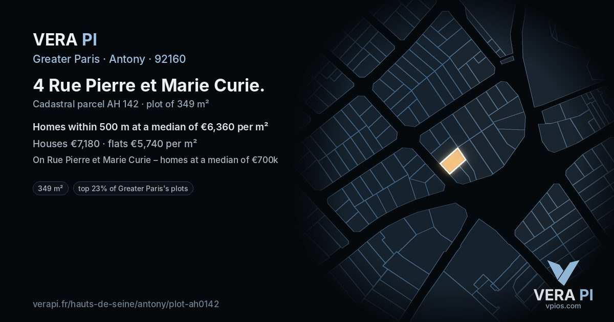 4 Rue Pierre et Marie Curie, Antony at night – the plot lit, the parcels around coloured by the prices near them