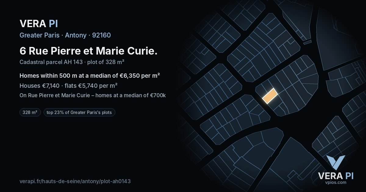 6 Rue Pierre et Marie Curie, Antony at night – the plot lit, the parcels around coloured by the prices near them