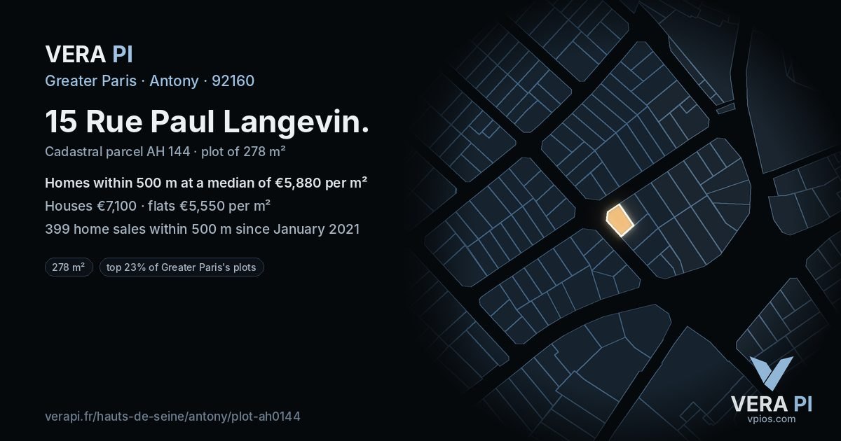 15 Rue Paul Langevin, Antony at night – the plot lit, the parcels around coloured by the prices near them