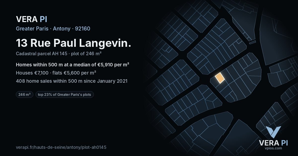 13 Rue Paul Langevin, Antony at night – the plot lit, the parcels around coloured by the prices near them