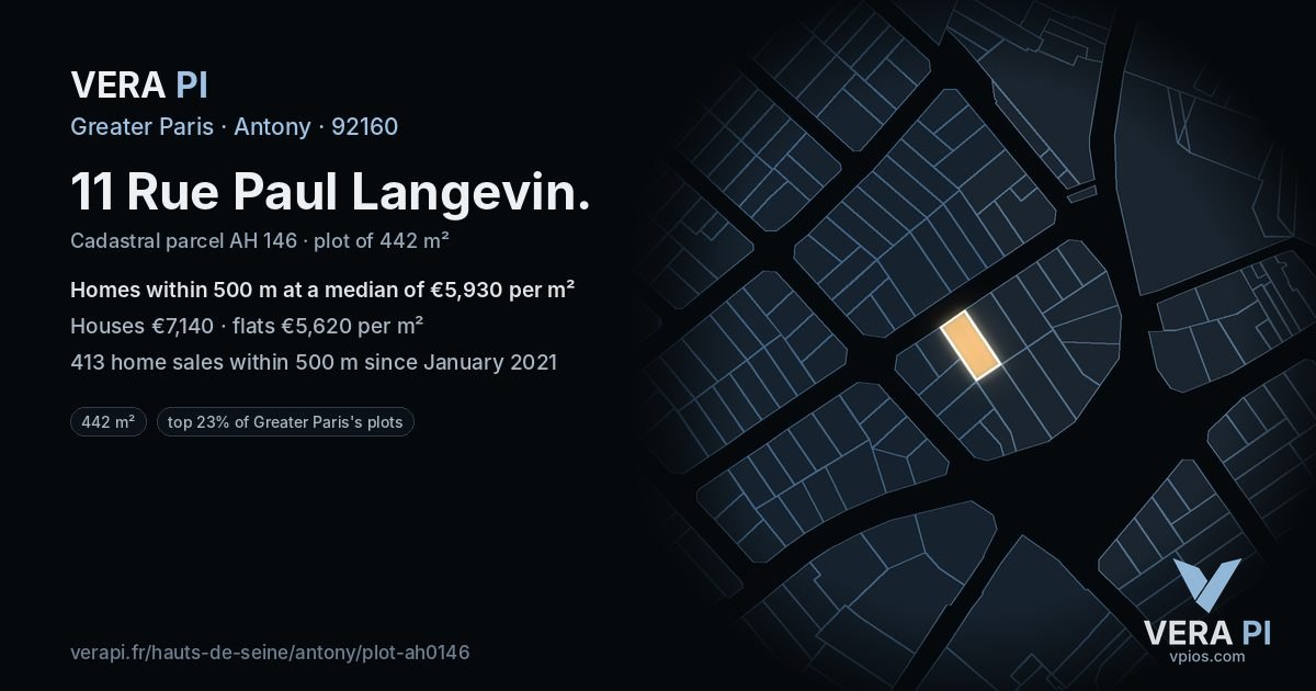 11 Rue Paul Langevin, Antony at night – the plot lit, the parcels around coloured by the prices near them