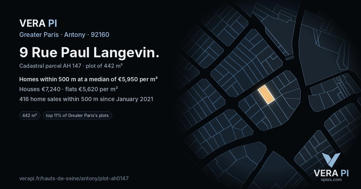9 Rue Paul Langevin, Antony at night – the plot lit, the parcels around coloured by the prices near them