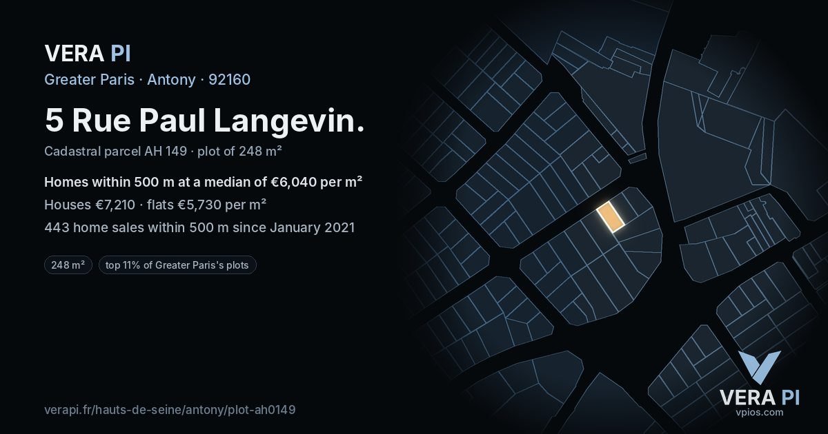 5 Rue Paul Langevin, Antony at night – the plot lit, the parcels around coloured by the prices near them