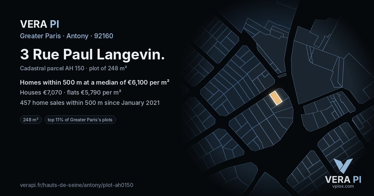 3 Rue Paul Langevin, Antony at night – the plot lit, the parcels around coloured by the prices near them