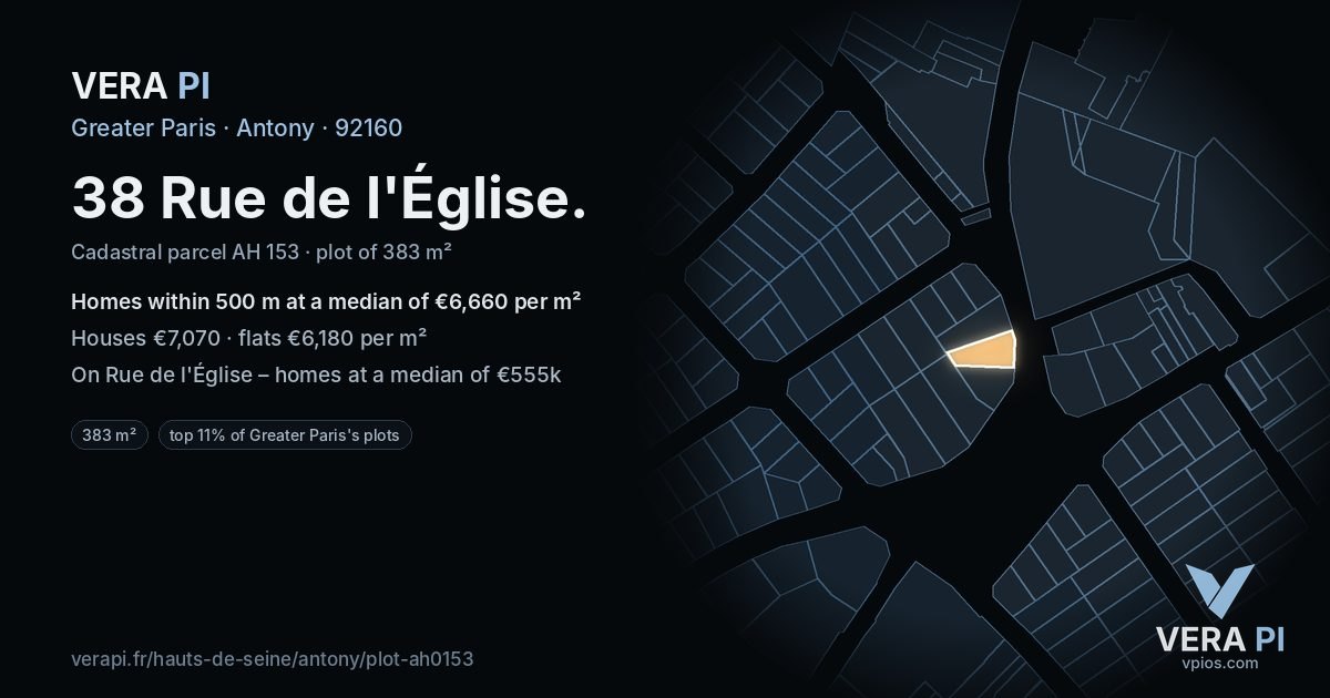 38 Rue de l'Église, Antony at night – the plot lit, the parcels around coloured by the prices near them