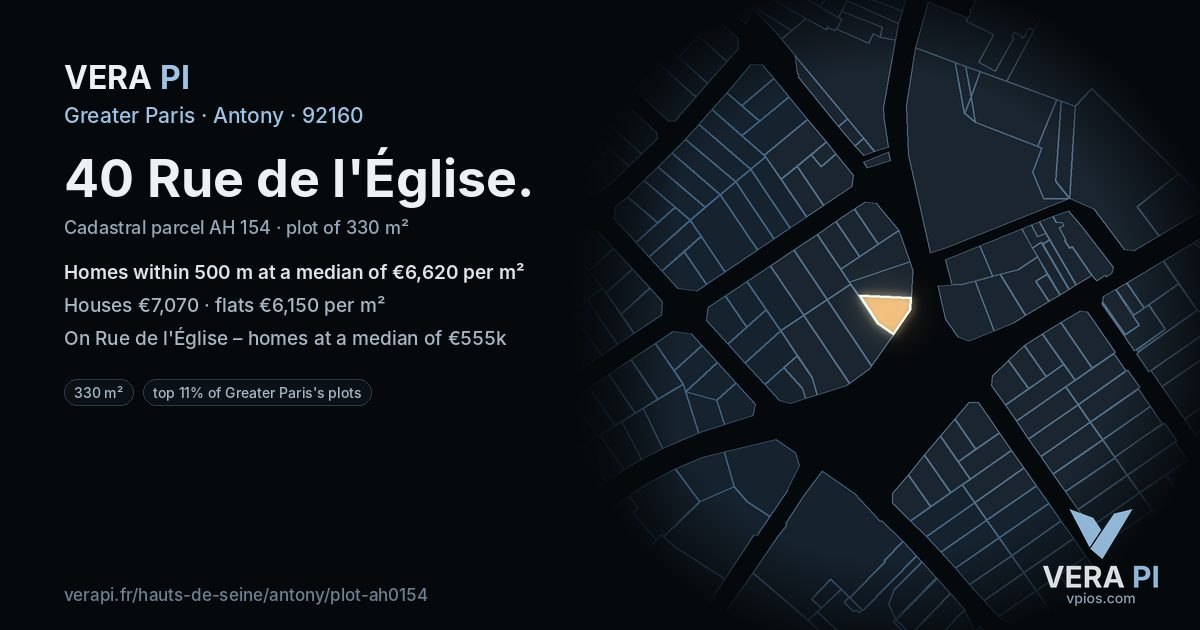 40 Rue de l'Église, Antony at night – the plot lit, the parcels around coloured by the prices near them