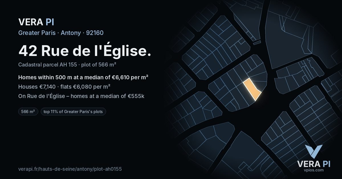 42 Rue de l'Église, Antony at night – the plot lit, the parcels around coloured by the prices near them