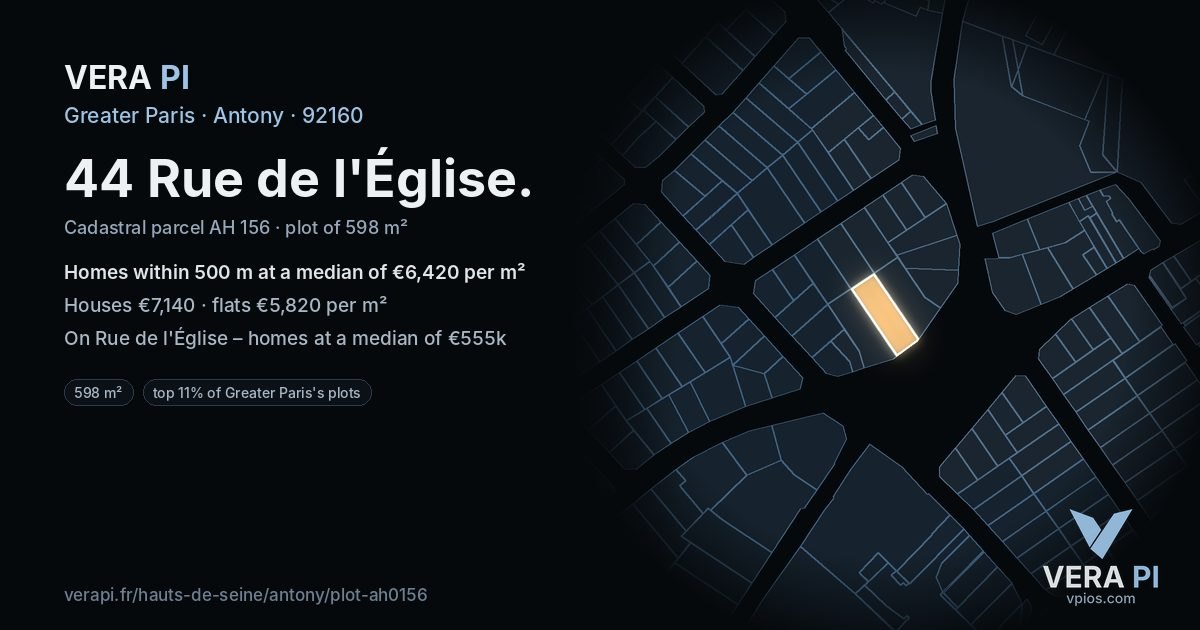 44 Rue de l'Église, Antony at night – the plot lit, the parcels around coloured by the prices near them