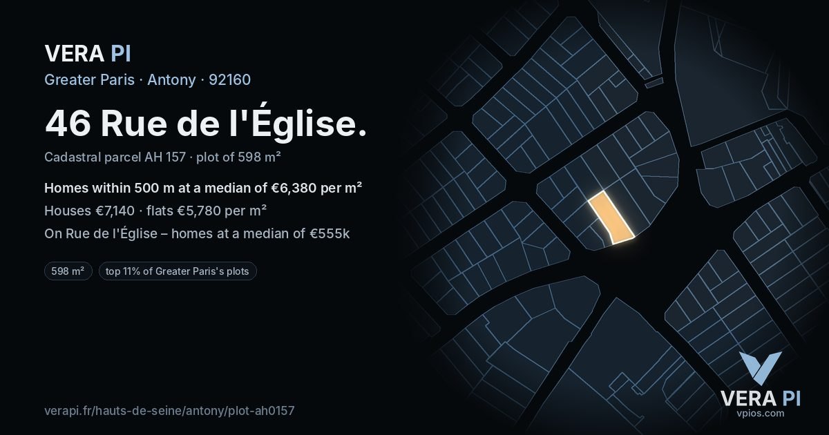 46 Rue de l'Église, Antony at night – the plot lit, the parcels around coloured by the prices near them