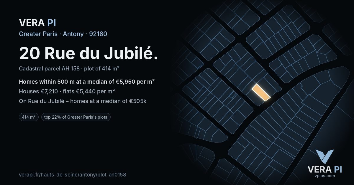 20 Rue du Jubilé, Antony at night – the plot lit, the parcels around coloured by the prices near them