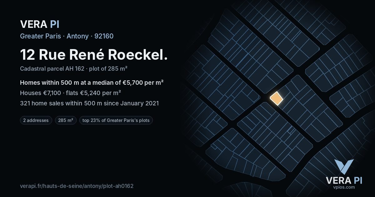 12 Rue René Roeckel, Antony at night – the plot lit, the parcels around coloured by the prices near them