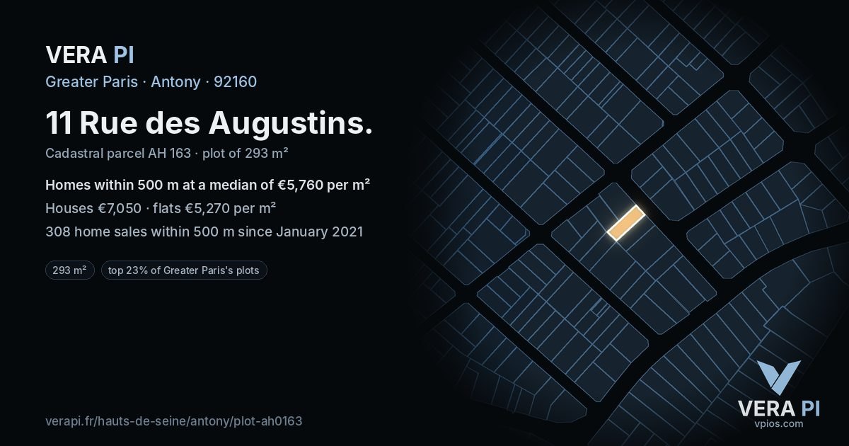 11 Rue des Augustins, Antony at night – the plot lit, the parcels around coloured by the prices near them