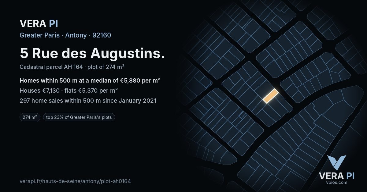 5 Rue des Augustins, Antony at night – the plot lit, the parcels around coloured by the prices near them