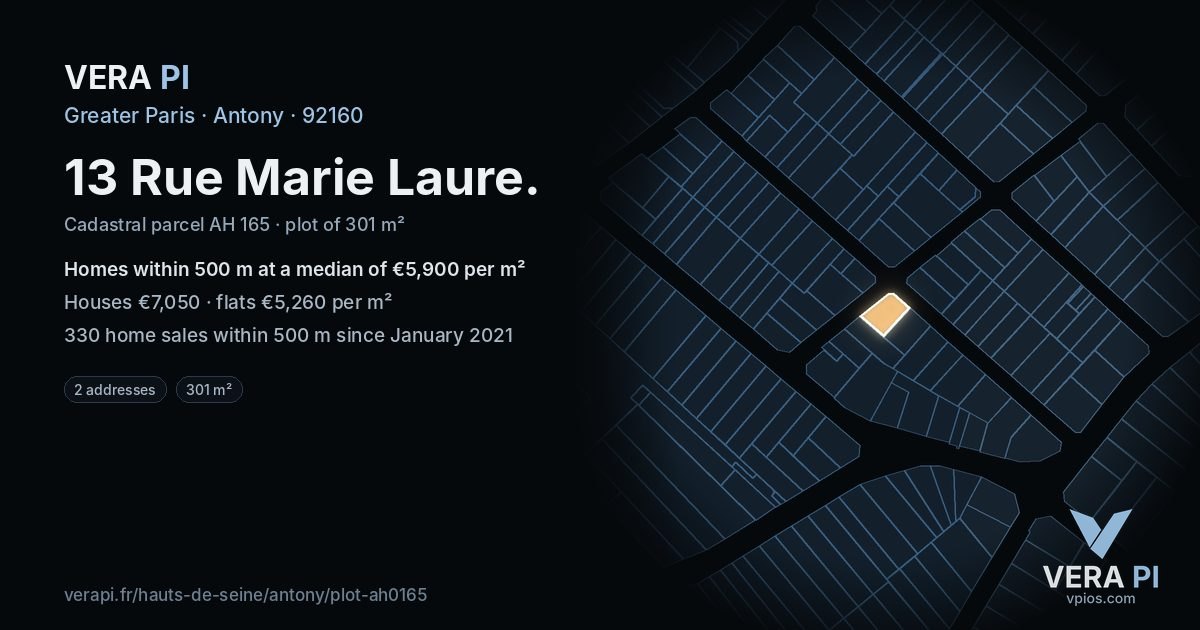 13 Rue Marie Laure, Antony at night – the plot lit, the parcels around coloured by the prices near them