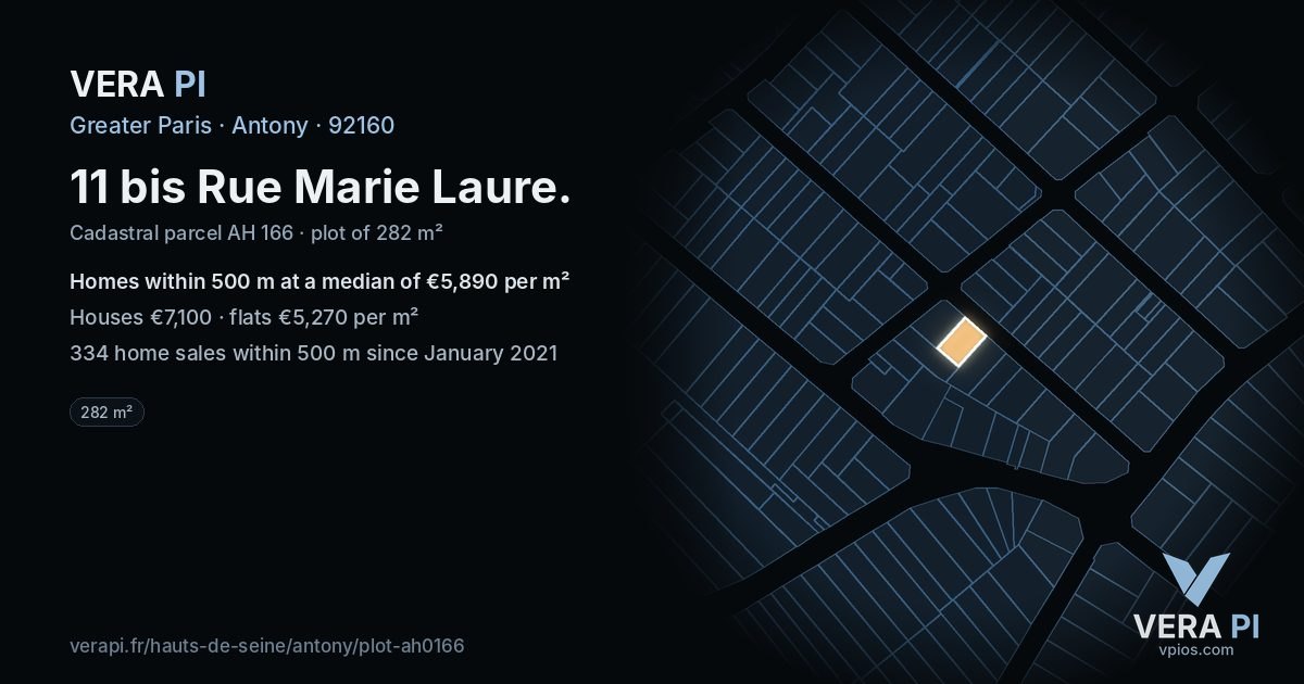 11 bis Rue Marie Laure, Antony at night – the plot lit, the parcels around coloured by the prices near them