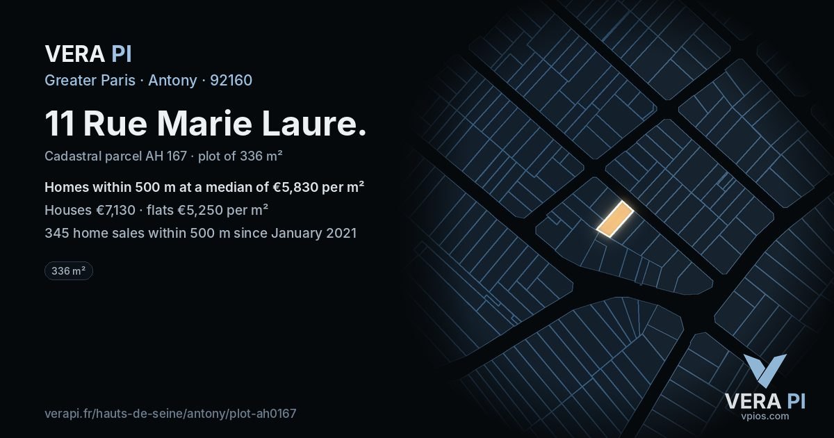 11 Rue Marie Laure, Antony at night – the plot lit, the parcels around coloured by the prices near them