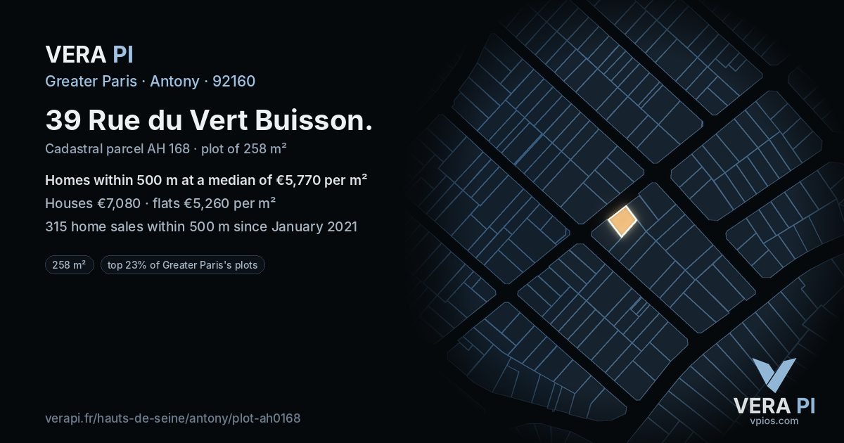 39 Rue du Vert Buisson, Antony at night – the plot lit, the parcels around coloured by the prices near them