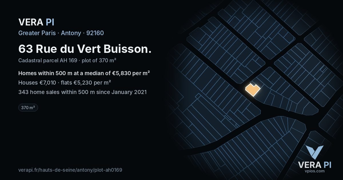63 Rue du Vert Buisson, Antony at night – the plot lit, the parcels around coloured by the prices near them