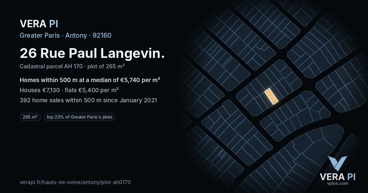 26 Rue Paul Langevin, Antony at night – the plot lit, the parcels around coloured by the prices near them