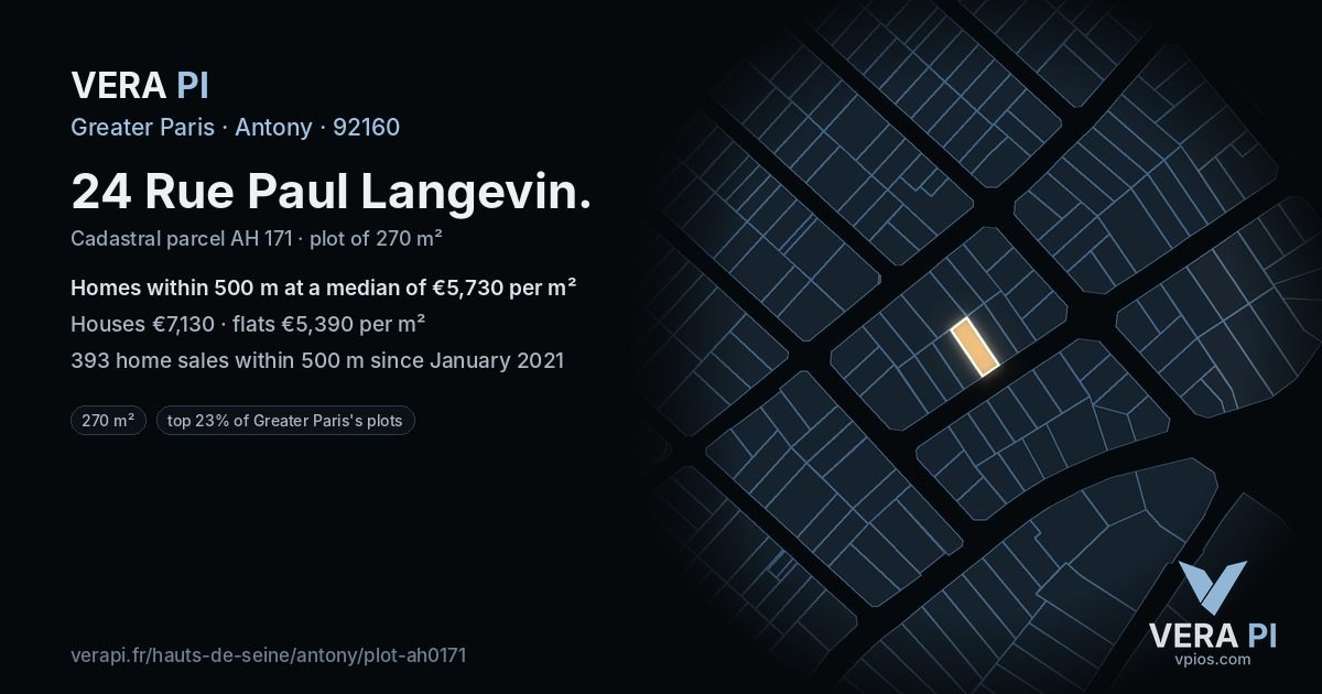 24 Rue Paul Langevin, Antony at night – the plot lit, the parcels around coloured by the prices near them